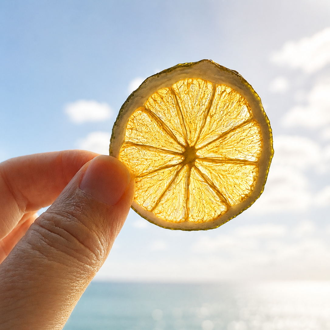 Dried lime slice held by a hand with a beach and ocean background. Ready for garnishing a cocktail