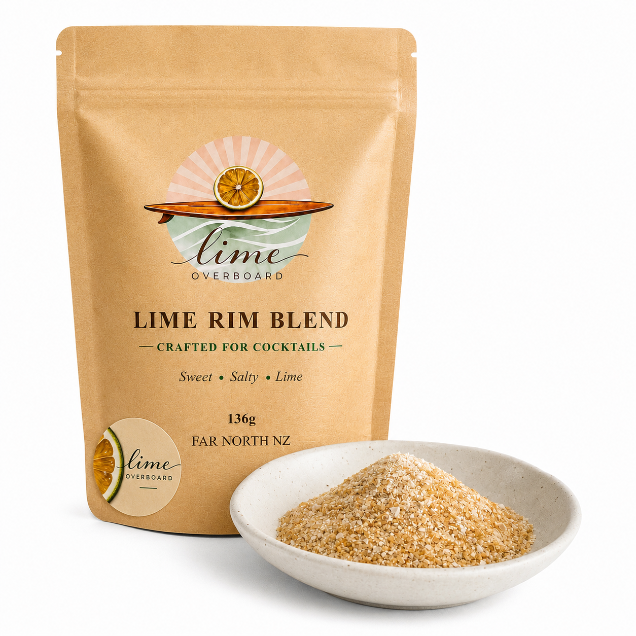 Packaging of Lime Overboard Lime Rim Blend Cocktail Salts with a bowl of the product on a white background