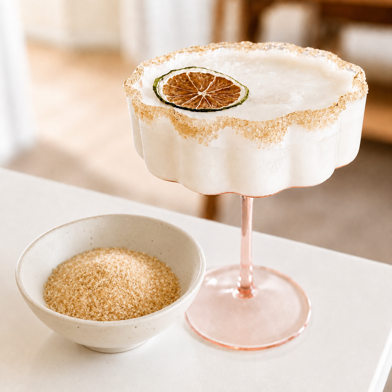 Cocktail with sweet and salty lime rim and lime wheel garnish next to a bowl of cocktail rim salt blend on a light surface.