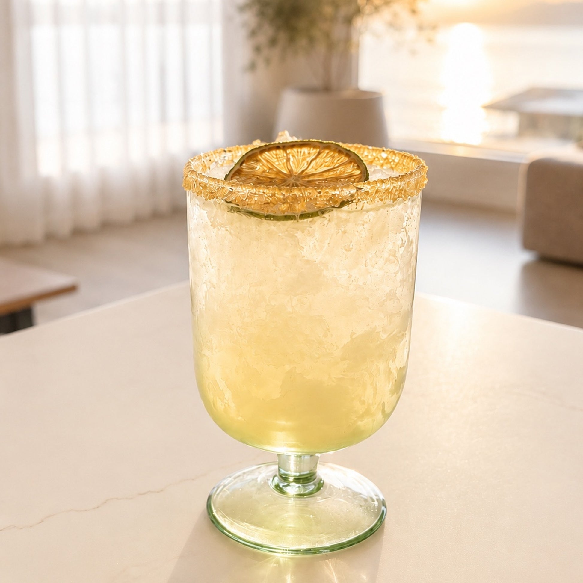 Lime Overboard Lime Rim Blend cocktail rim salts on glass made with dried lime, raw sugars and flaky sea salt