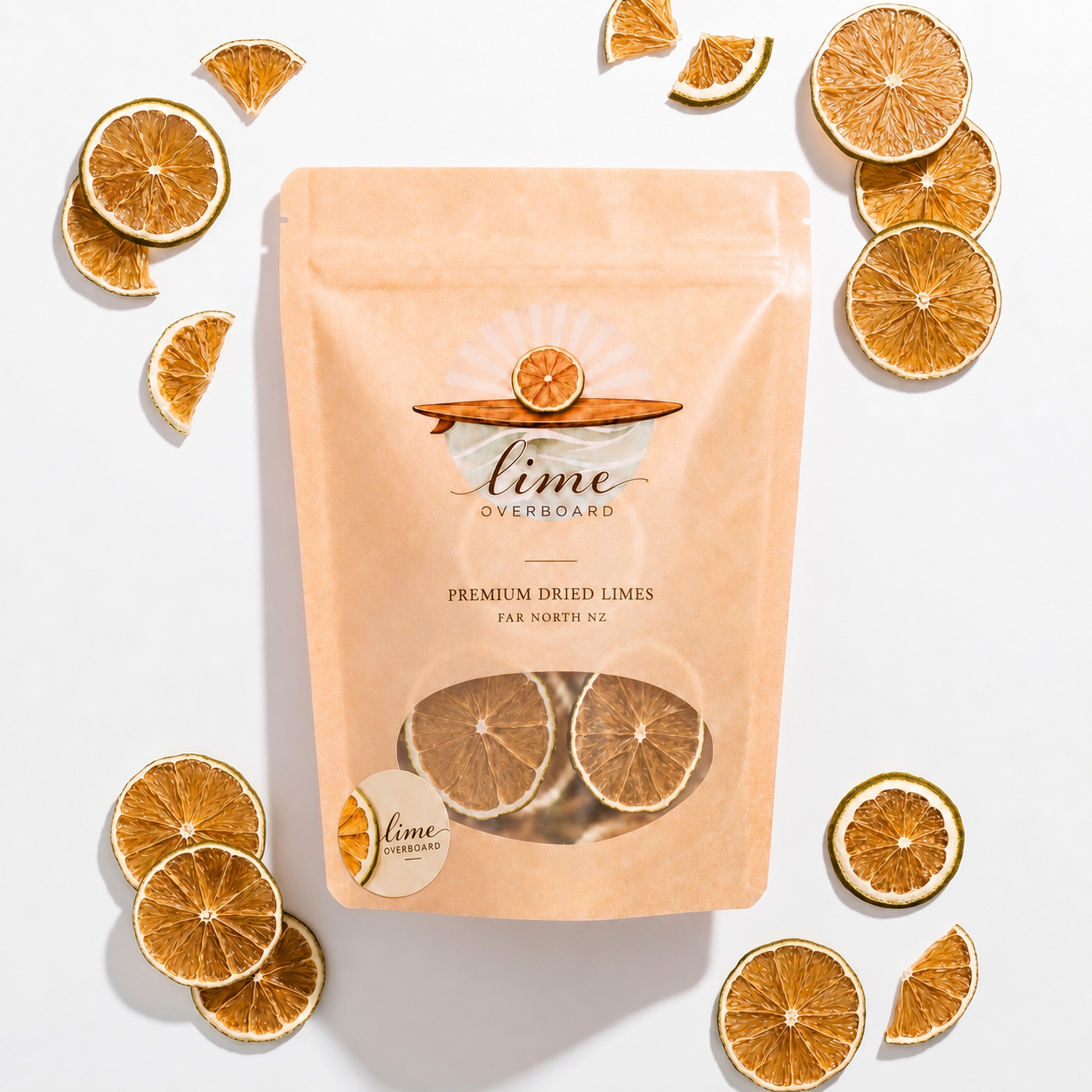 bag of premium dried limes with dried lime garnishes around it