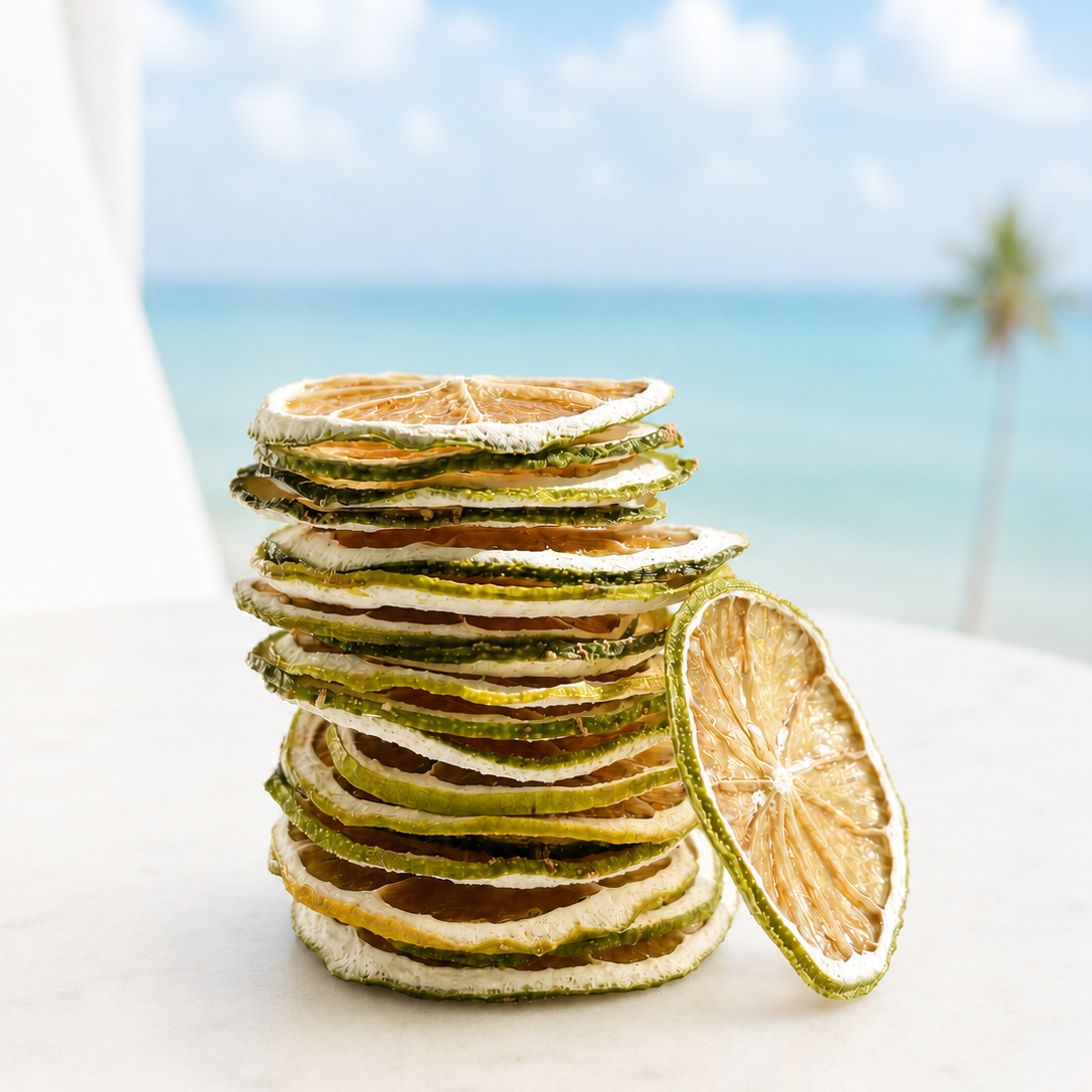 Stack of dried lime slices with a beach background, cocktail garnish