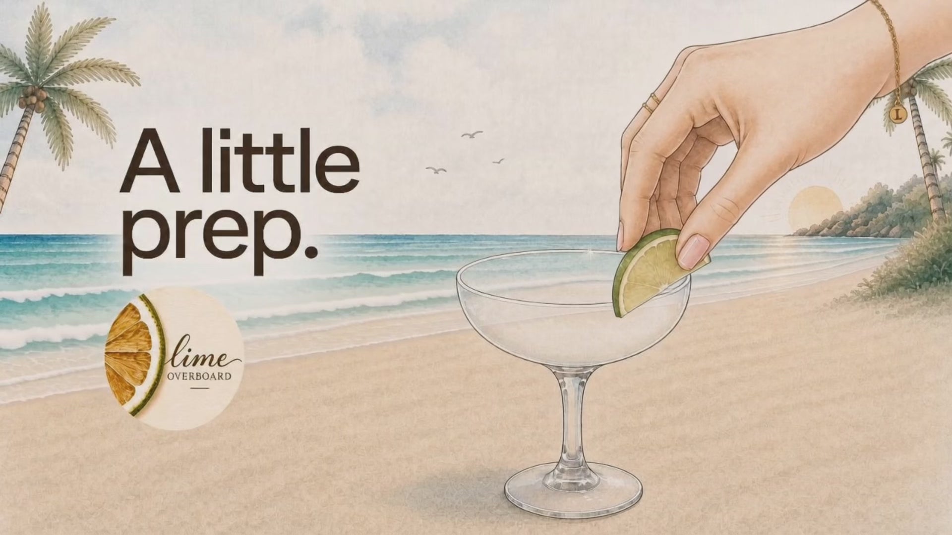 Load video: How to rim a cocktail glass with Lime Overboard Lime Rim Blend. A step-by-step demonstration using fresh lime and a cocktail glass to create a sweet, salty citrus rim.