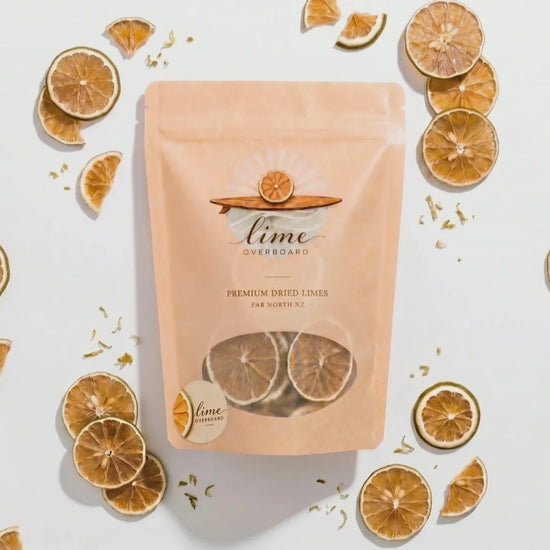Video showing the packaging of our dried lime slice garnish. Limes moving around in the background. 
