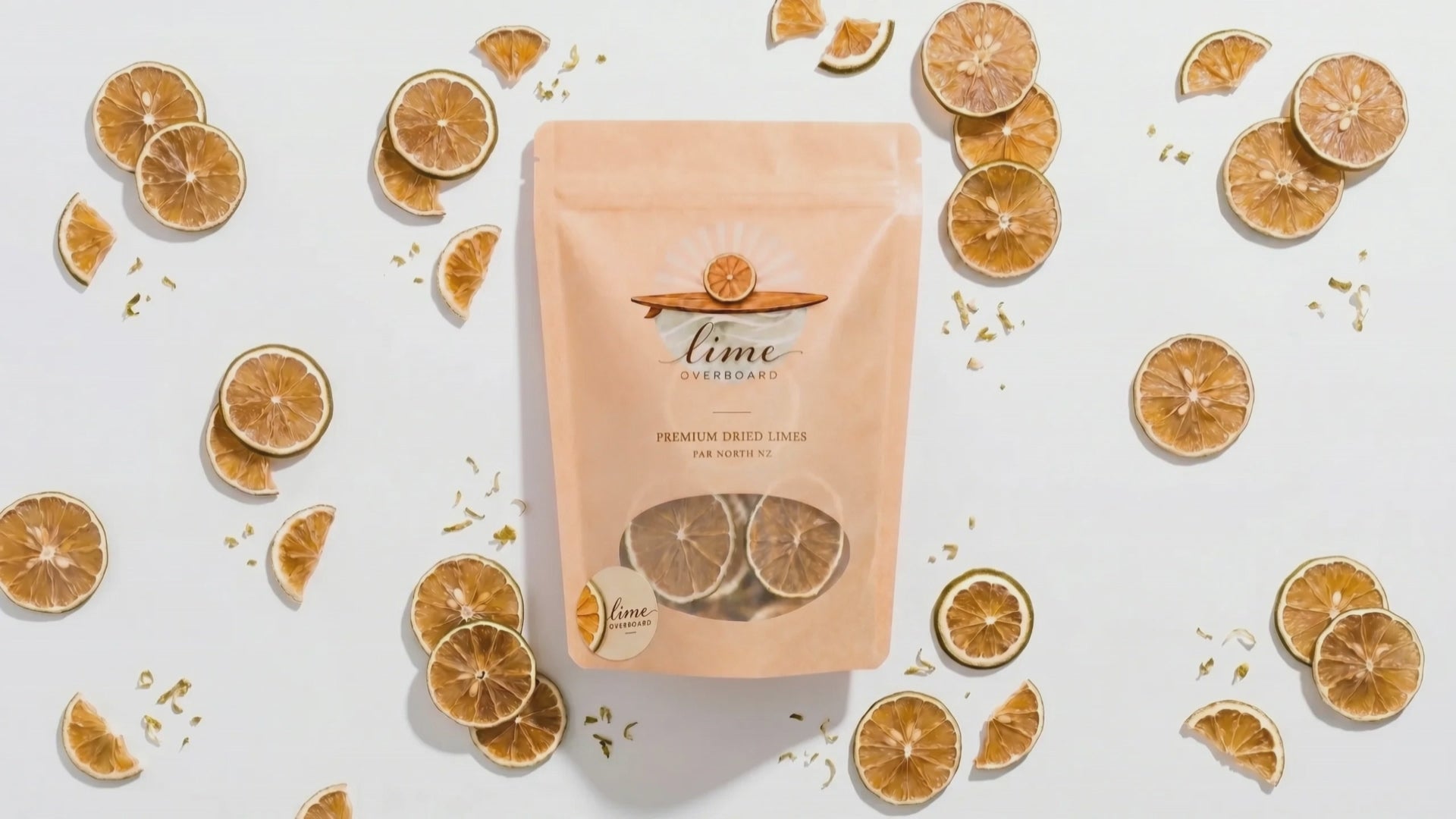 Video showing the packaging of our dried lime slice garnish. Limes moving around in the background. 
